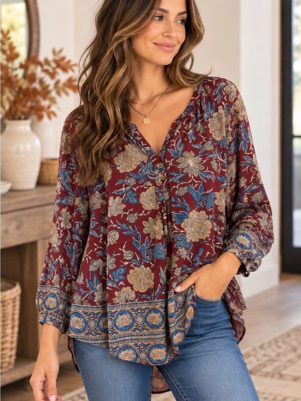 Lucky Brand Boho Floral Paisley Border Print Peasant Blouse Tunic